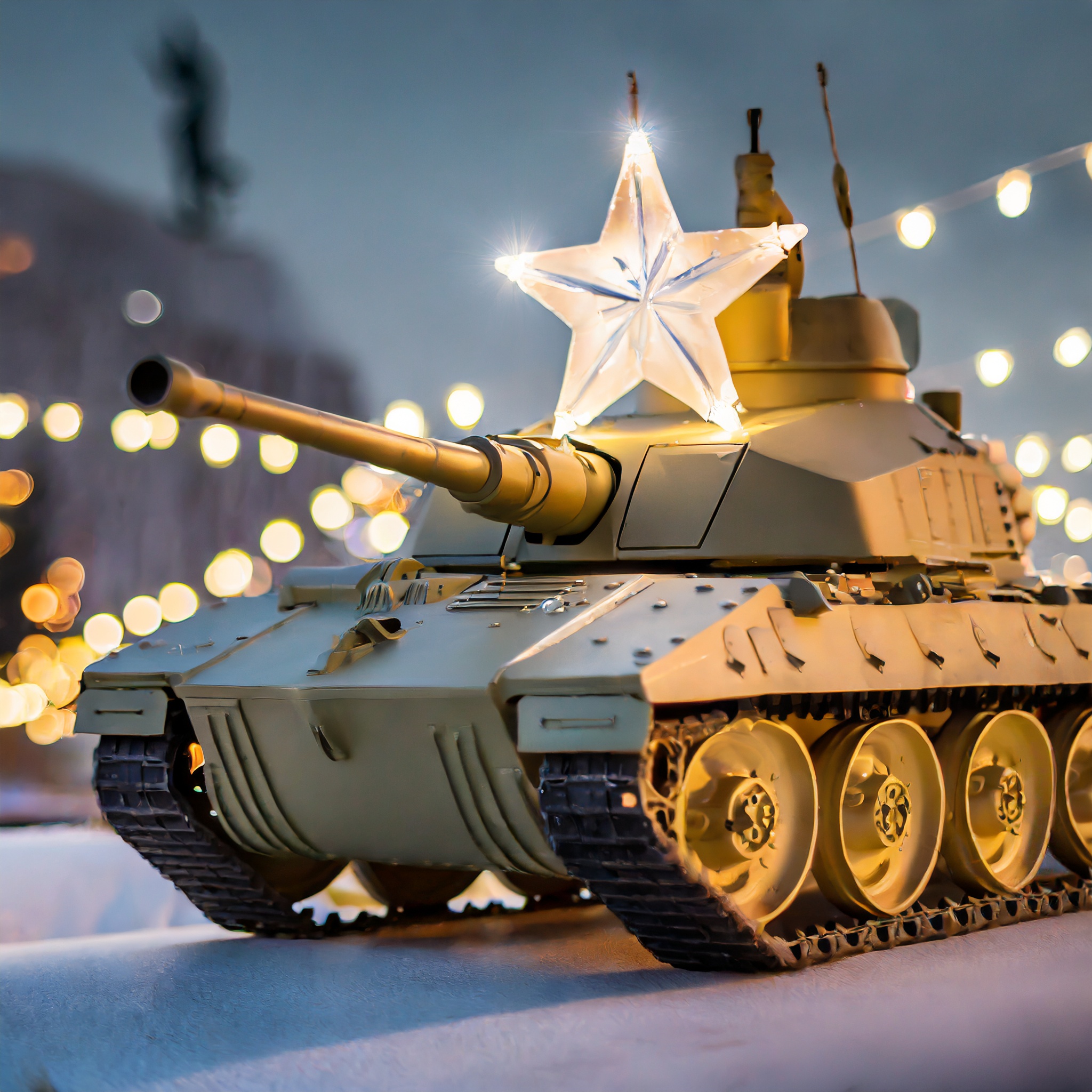 AI-generated image of an Army tank with holiday string lights in background, and a large star light on the hood.