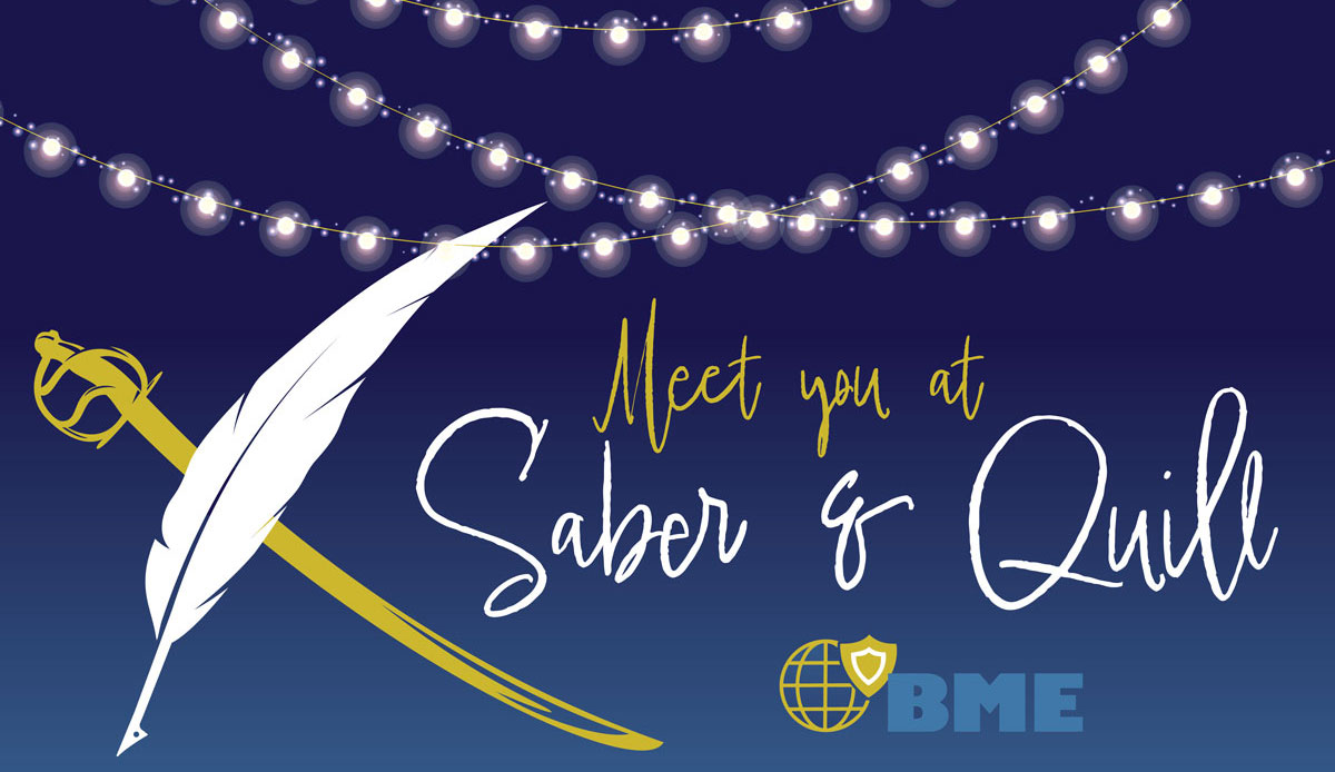 illustrated string lights, a saber and a quill; 'Meet you at Saber & Quill'